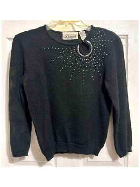 Donagain Women's Long Sleeve Pullover Sweater with Beaded Accent Black Size M